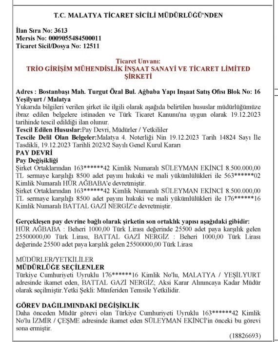 Ortaklık Ticaret Sicil gazetesinde