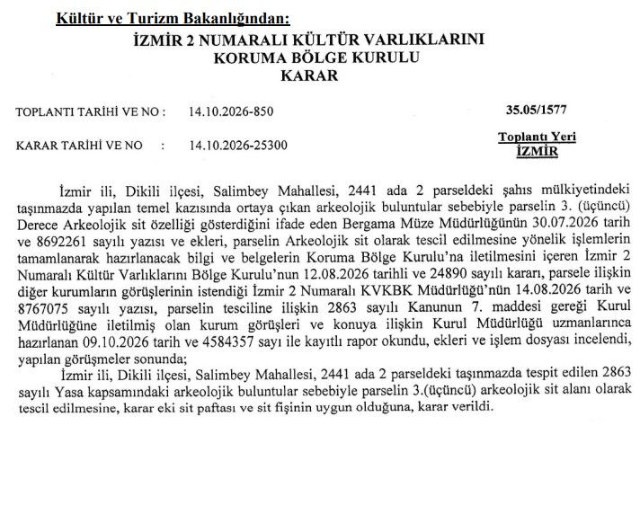 Dikili’de Arkeolojik Buluntular Ortaya Çıktı. Parsel 3’Üncü Derece Sit Alanı Ilan Edildi.