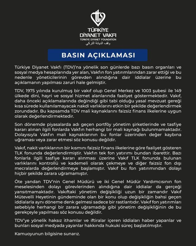 Diyanet Vakfı’ndan Fon Iddialarına Yanıt “Tasfiye Edilen Fonlarda Kaynağımız Yok” (1)