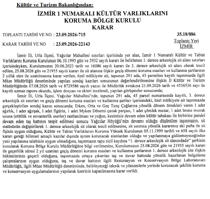 Urla’da Arkeolojik Kazıdan Tarihi Bulgular Çıktı. Alanın Koruma Statüsü Değişti
